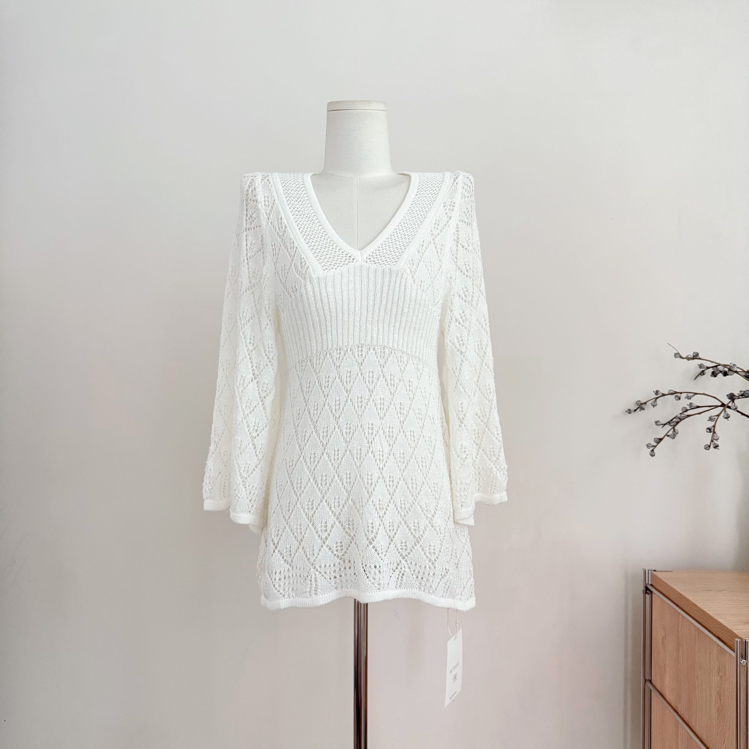 Summer Bohemian Hollow Crochet Sun Protection Top Women Mid Length V Neck Flared Sleeve Knit Sweater