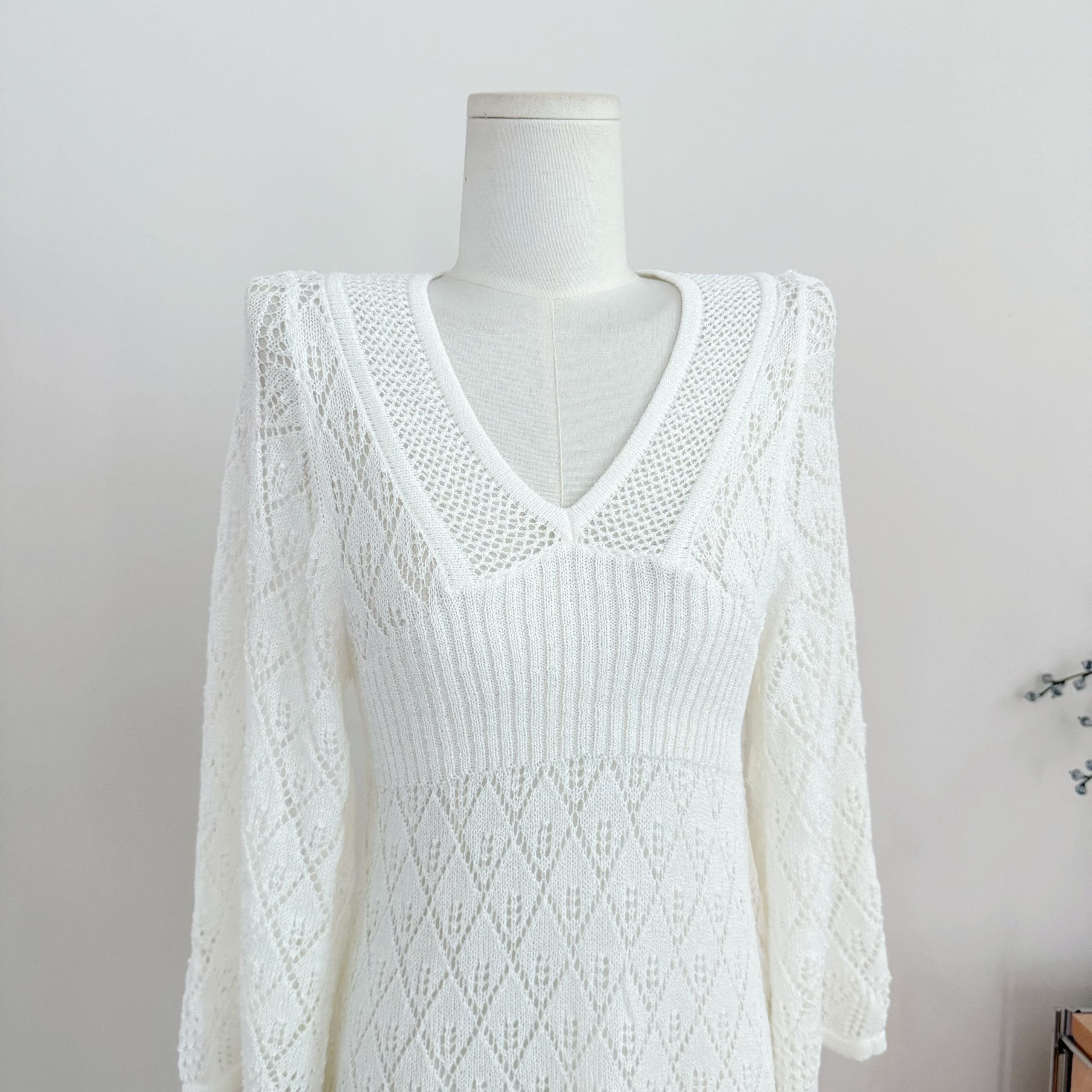 Summer Bohemian Hollow Crochet Sun Protection Top Women Mid Length V Neck Flared Sleeve Knit Sweater - Image 3