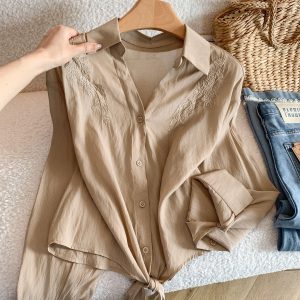 Summer French Style Floral Embroidered Tie Shirt Women Sun Protection Cardigan Outer Top - Style 64dd3b