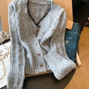 Sweet French Style Faux Two Piece Open Front Cardigan with Lace Splicing Hollow Knit Top