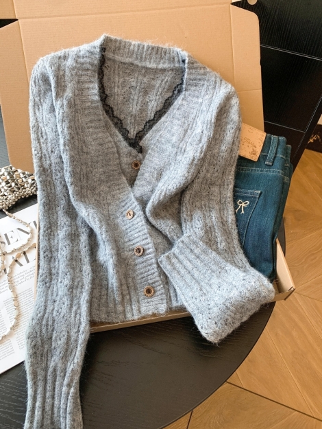 sweet-french-style-faux-two-piece-open-front-cardigan-with-lace-splicing-hollow-knit-top
