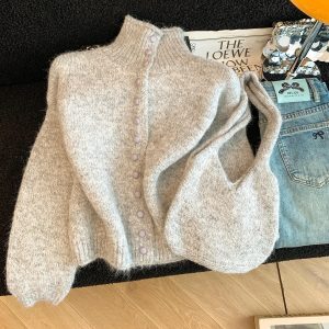 Women's Cozy High Neck Knit Cardigan Sweater Jacket for Fall Winter