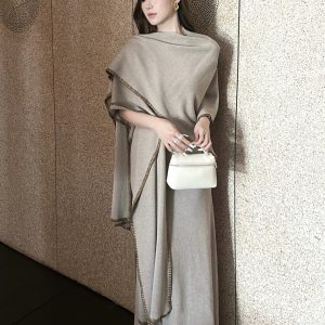 Women's Elegant Knit Dress and Shawl Two-Piece Set Light Khaki Early Autumn 2025