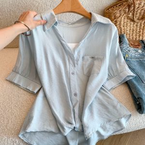 Women's Faux Two-Piece Short Sleeve Shirt Summer Lightweight Chic Top