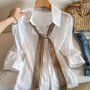 Women's Old Money Style Scarf Ribbon Long Sleeve Shirt Summer Loose Thin Slimming Five-Quarter Sleeve Commute Solid Color Top