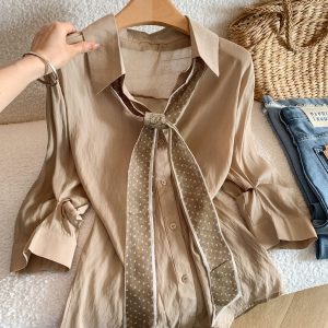 Old Money Style Women's Long Sleeve Shirt with Silk Scarf Ribbon Summer Loose Thin Slimming Five-Quarter Sleeve Commute Solid Top