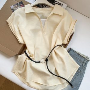 Women's Summer Loose Sleeveless Polo Shirt with Tie Detail
