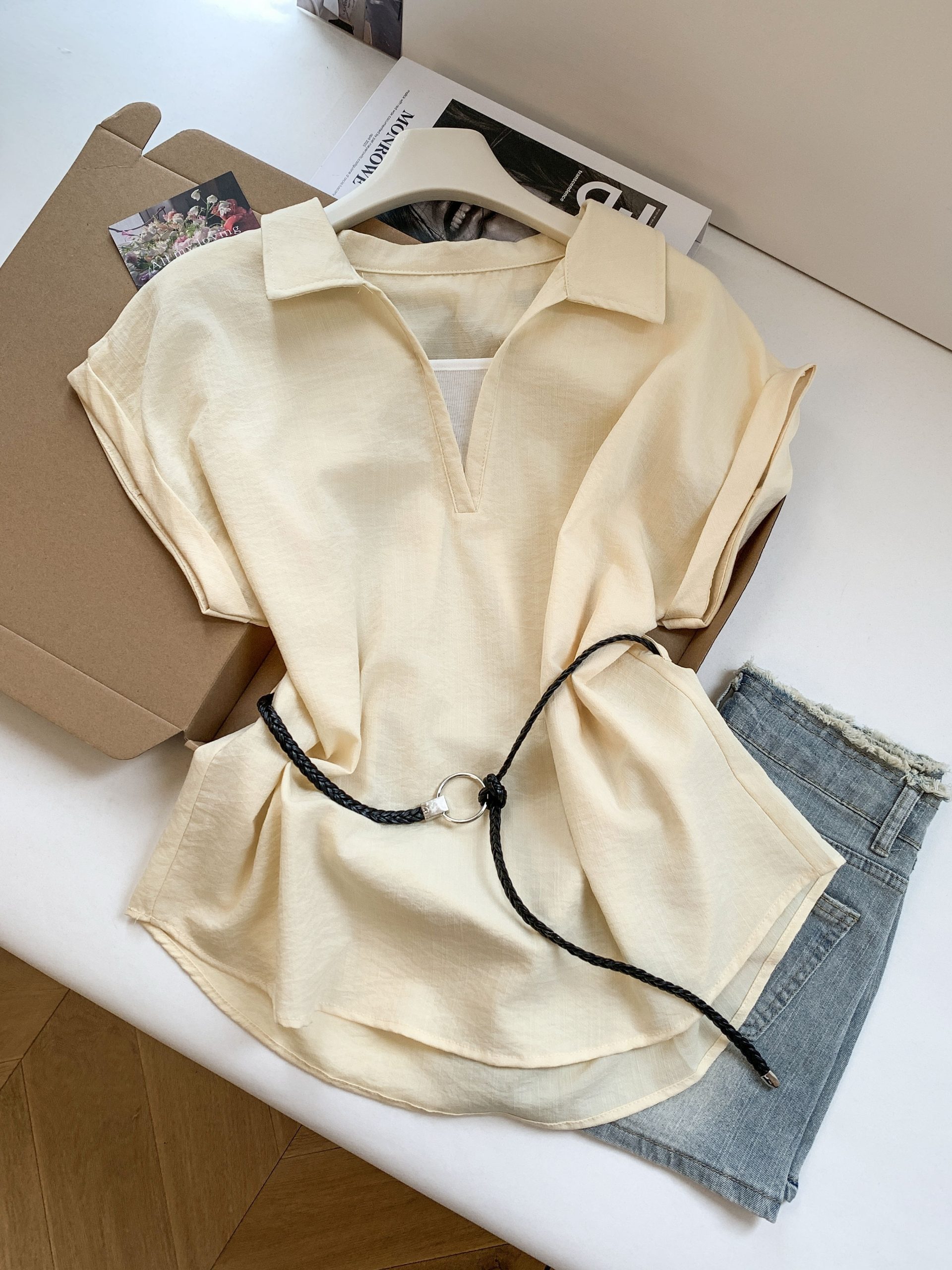 Women's Summer Loose Sleeveless Polo Shirt with Tie Detail