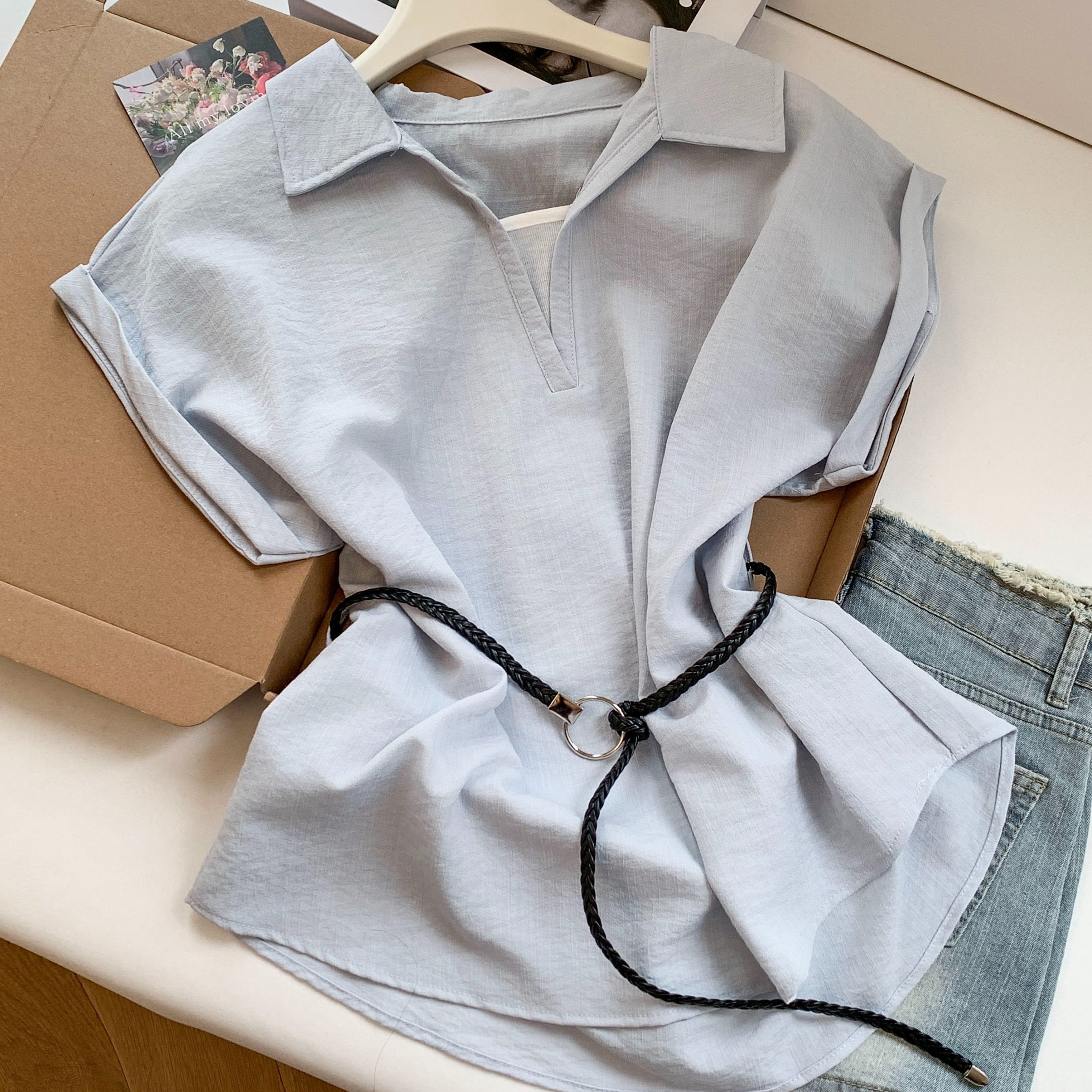 Women's Summer Loose Sleeveless Polo Shirt with Tie Detail - Image 5