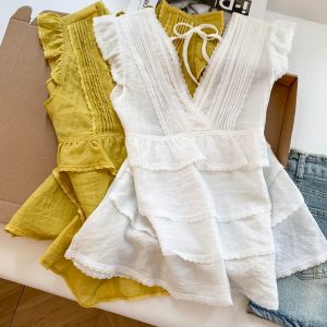 Women's Summer Sleeveless Ruffle Blouse Short Top French Style