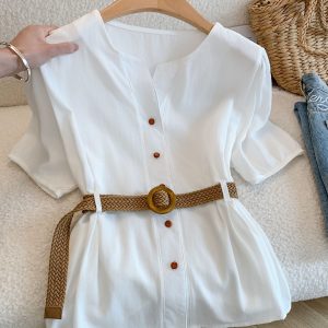 Women's V-Neck Blue Short Sleeve Shirt Summer Slim Fit French Style Top