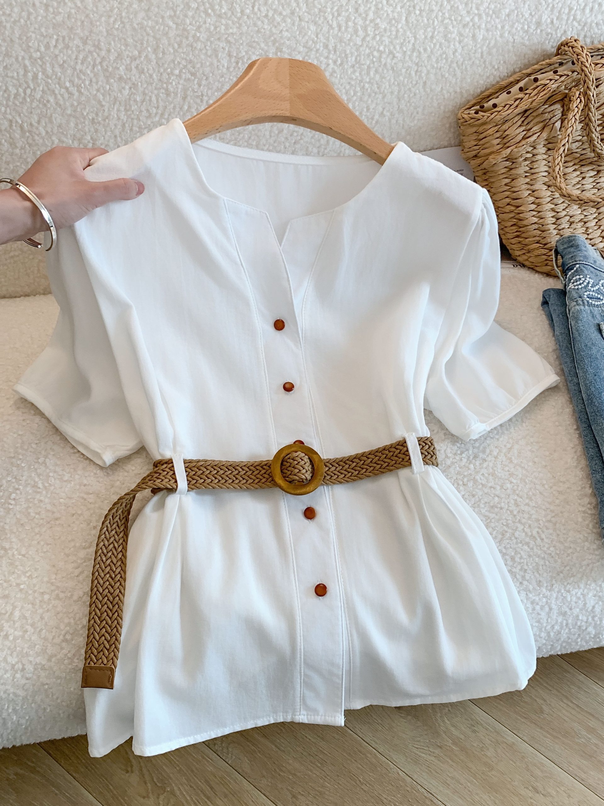 Women's V-Neck Blue Short Sleeve Shirt Summer Slim Fit French Style Top