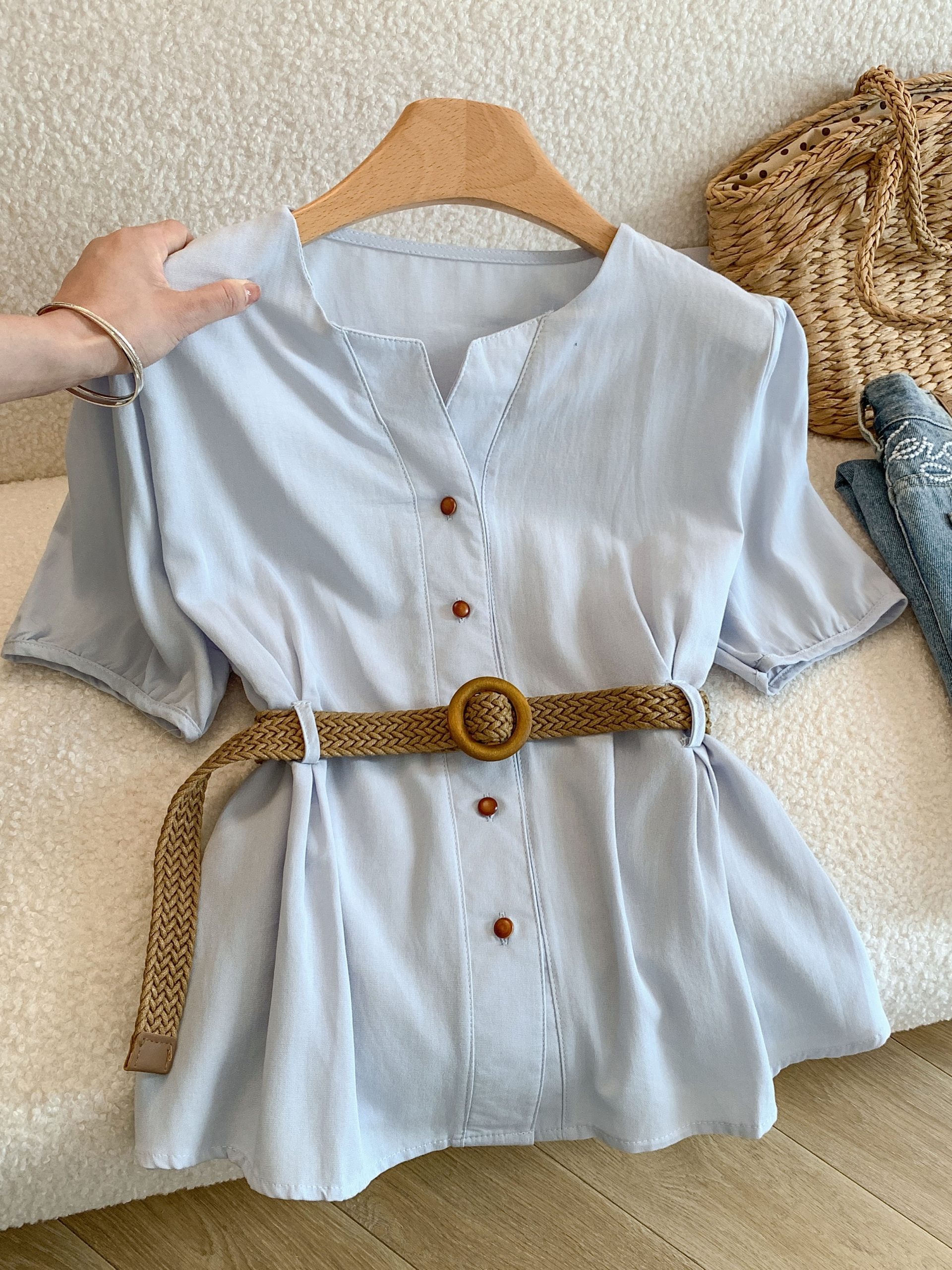 Women's V-Neck Blue Short Sleeve Shirt Summer Slim Fit French Style Top - Image 2
