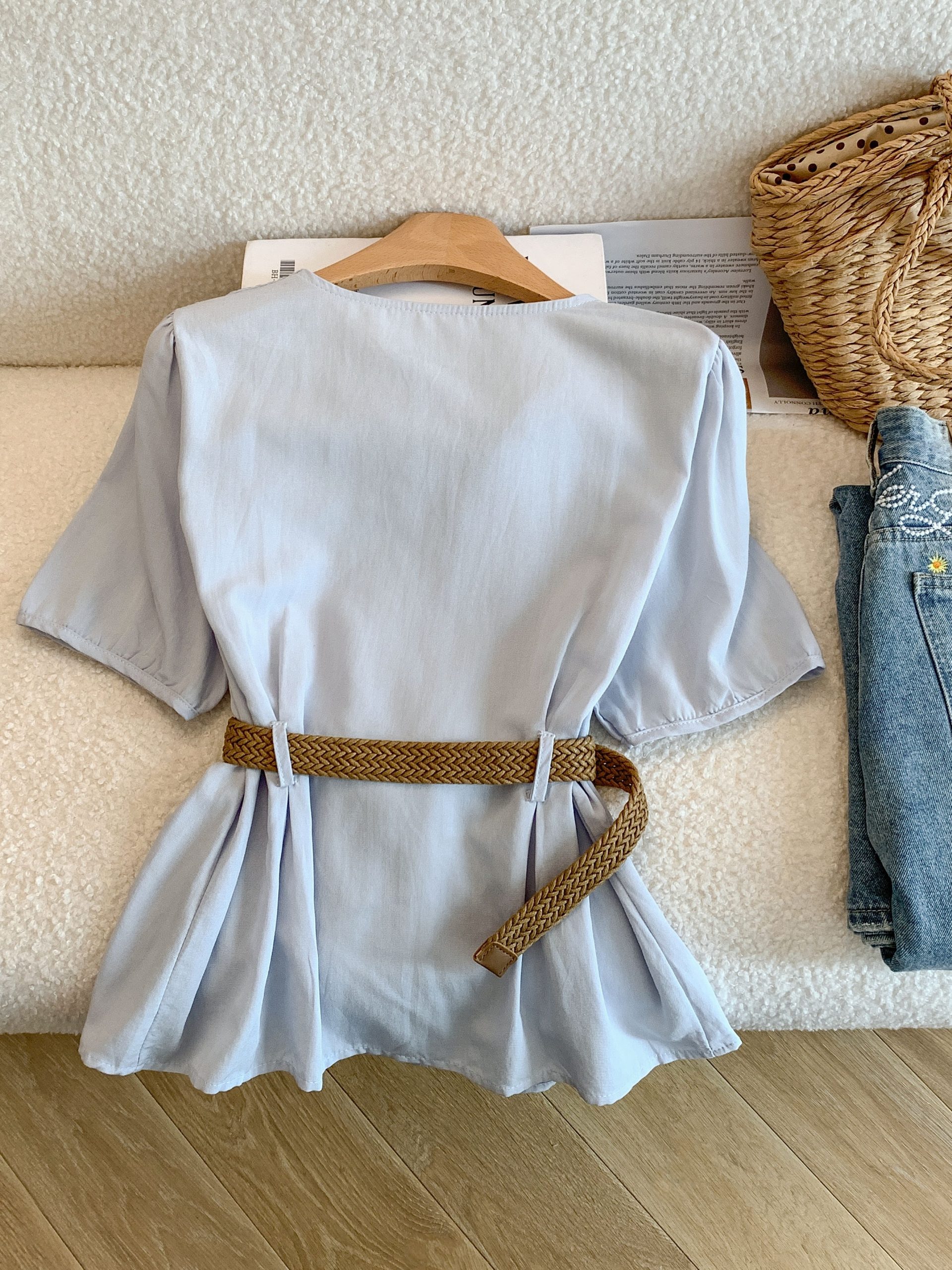 Women's V-Neck Blue Short Sleeve Shirt Summer Slim Fit French Style Top - Image 3
