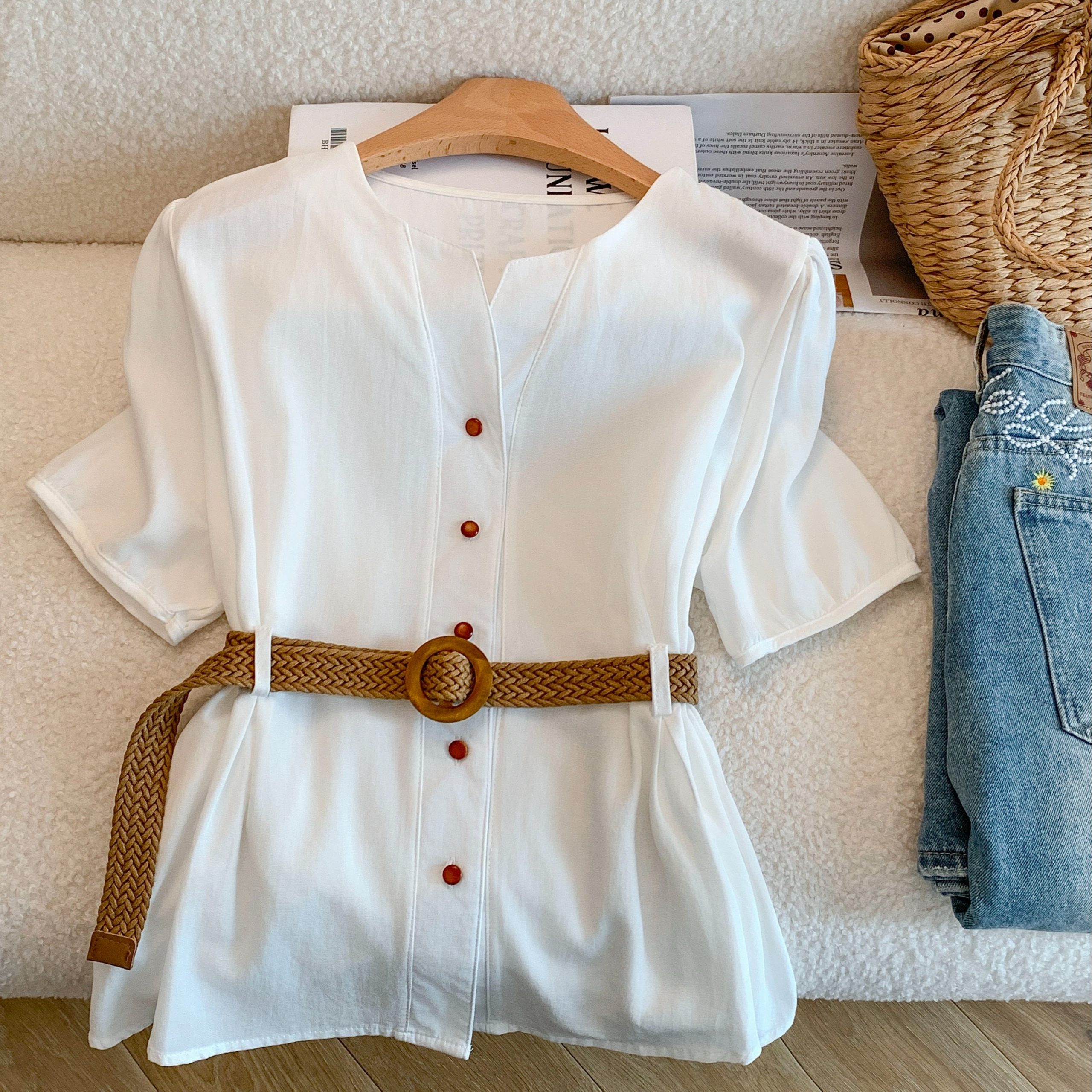 Women's V-Neck Blue Short Sleeve Shirt Summer Slim Fit French Style Top - Image 5